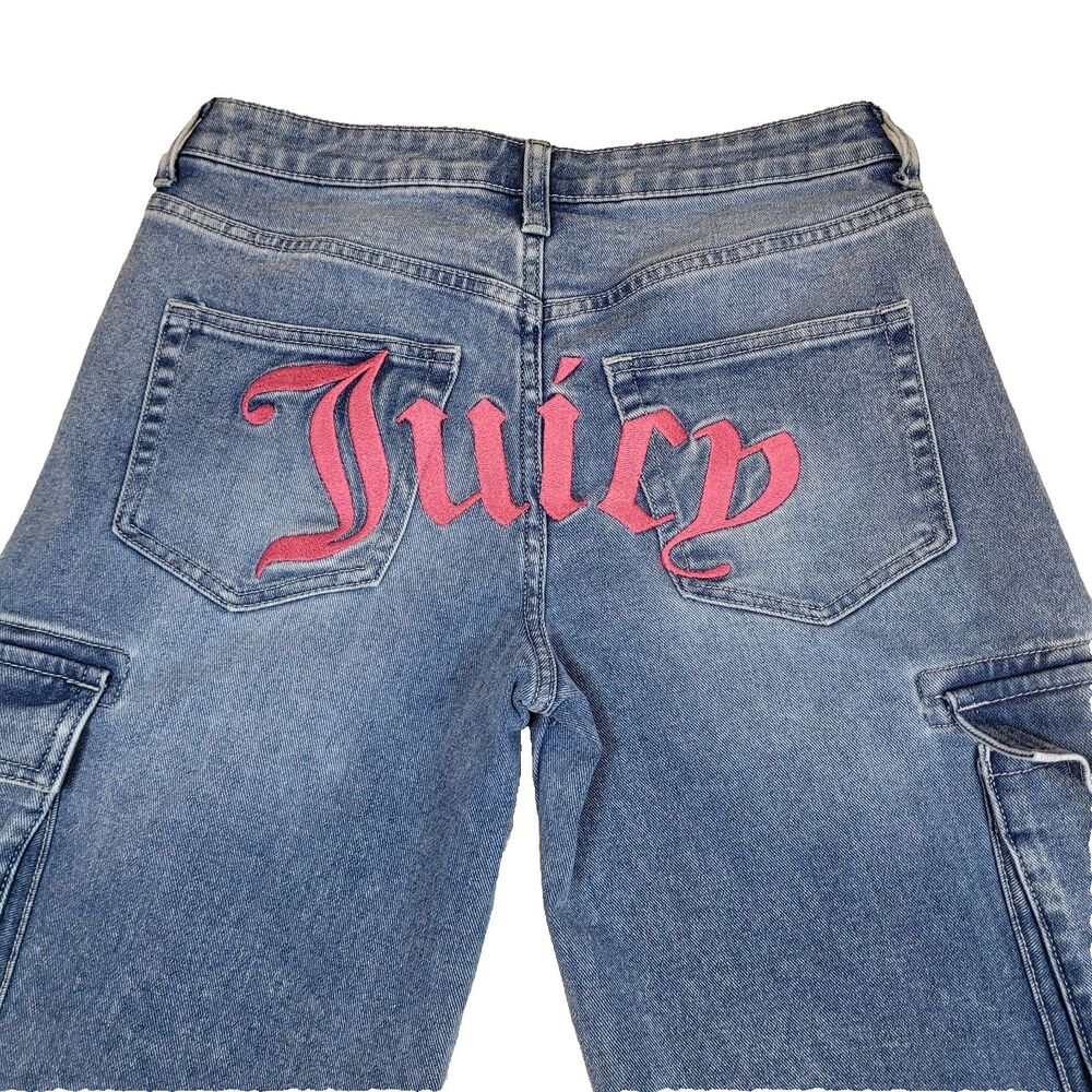 Juicy Couture Wide Leg Jeans Large Cargo Pockets, Embroidered Size 30x31, Y2K